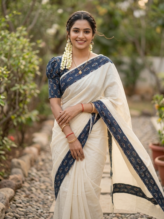 Southloom Cotton Kerala Saree with Ajrakh Printed