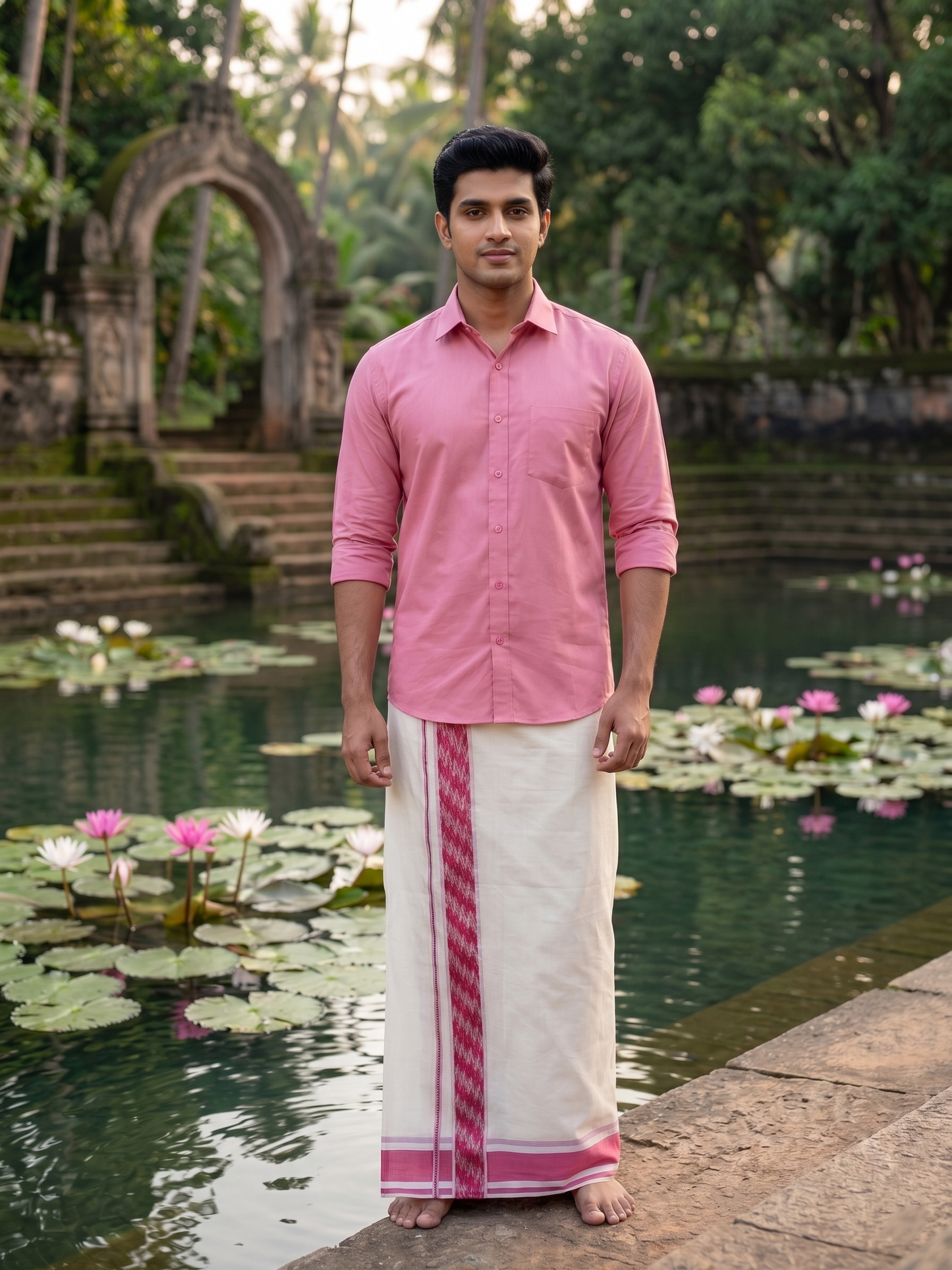 Kerala Pure Cotton Double Mundu with Silver Kasavu and Pink Woven Border