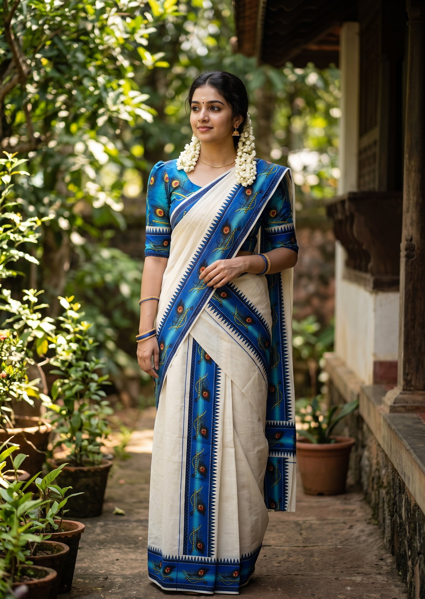 Southloom Kerala Pure Cotton  Set Mundu (Mundum Neriyathum) with Blue Block Prints on Border-2.80Mtrs SL621