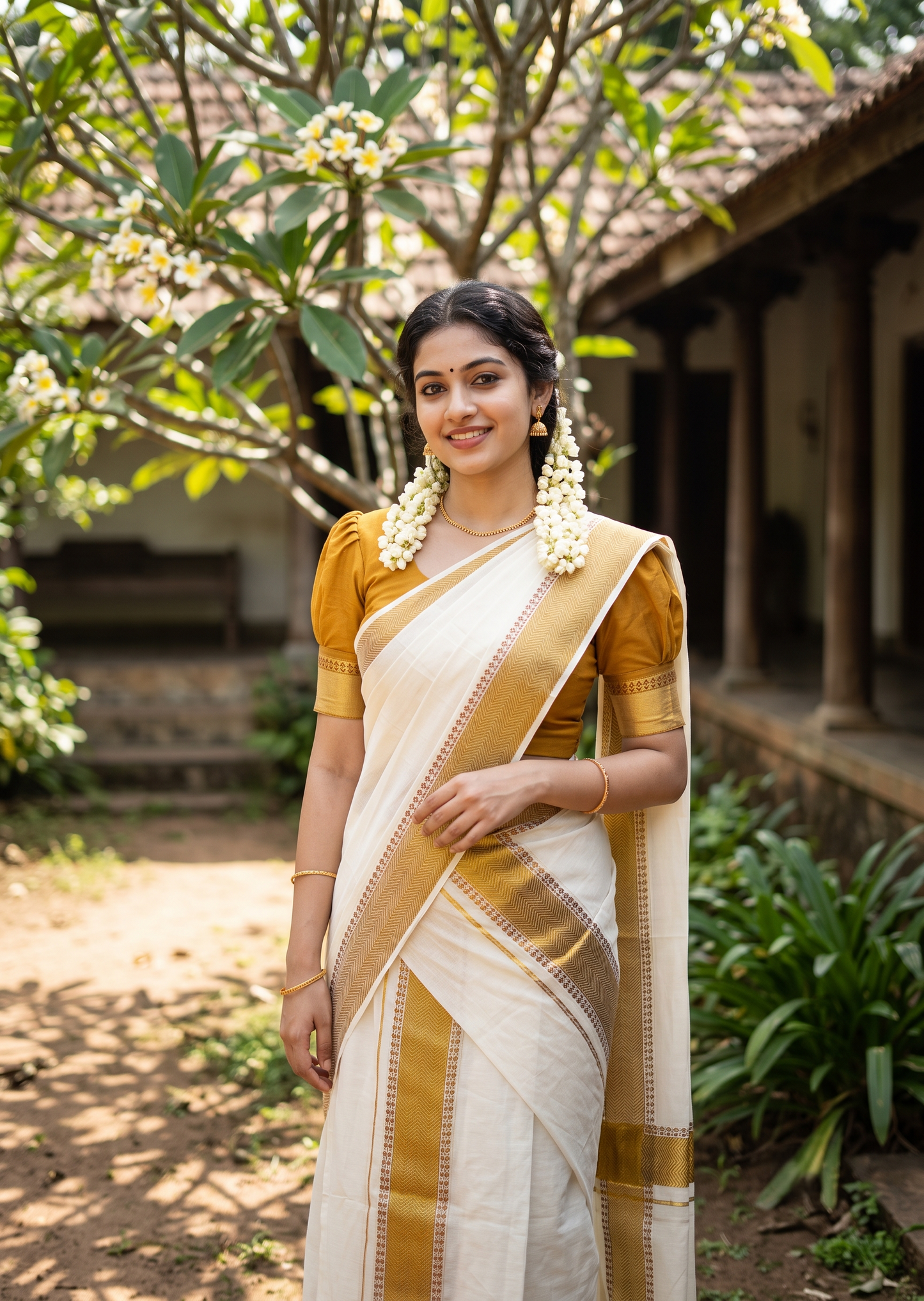 Southloom Pure Cotton Set Mundu with Gold Kasavu and Digital Print in Mustard Yellow 2.80 Mtrs SL374