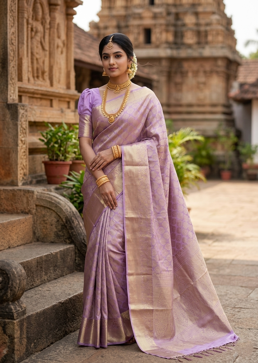 Southloom Pure Handloom Bridal Kanchipuram Silk Saree with Korvai Work (Lavender)