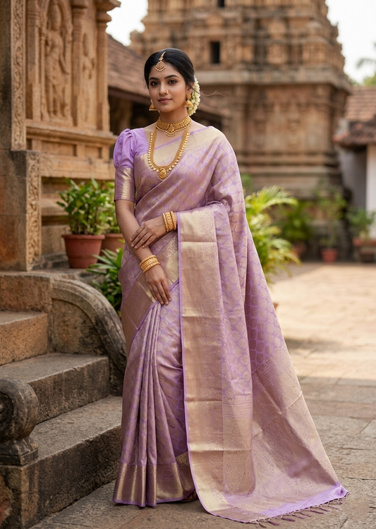Southloom Pure Handloom Bridal Kanchipuram Silk Saree with Korvai Work (Lavender)