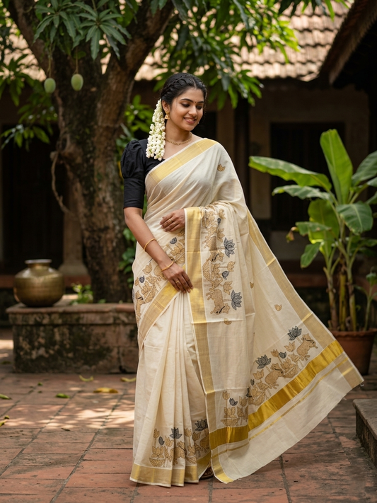 Southloom Tissue Kerala Kasavu Saree with Black & Golden Embroidery Works