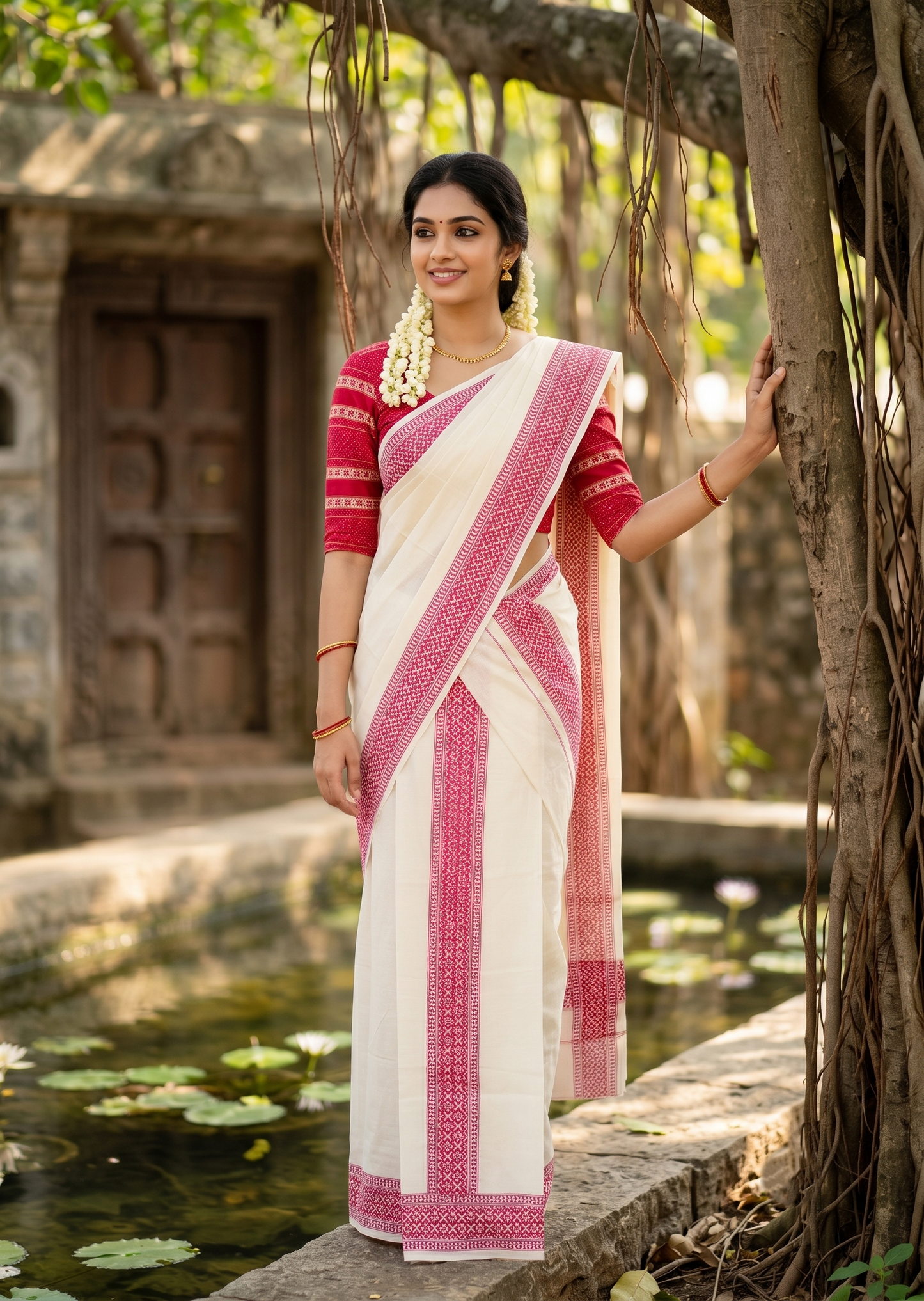 Southloom Magenta Block Printed Set Mundu with Blouse Piece 2.80Mtrs SL423