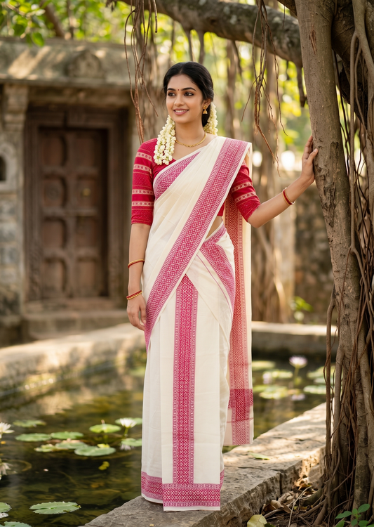 Southloom Magenta Block Printed Set Mundu with Blouse Piece 2.80Mtrs SL423