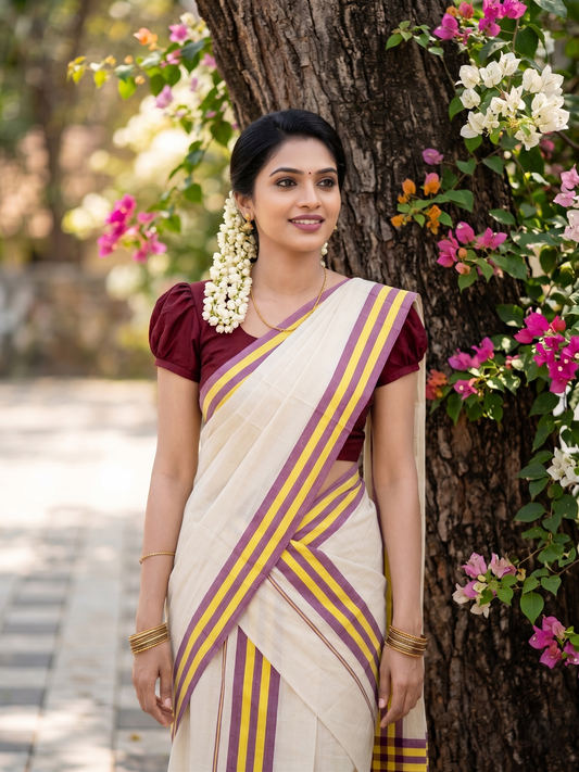 Southloom Kerala Mulloth Cotton Single Mundum Neriyathum with Multicolor Border In 2.80 Mtrs SL243