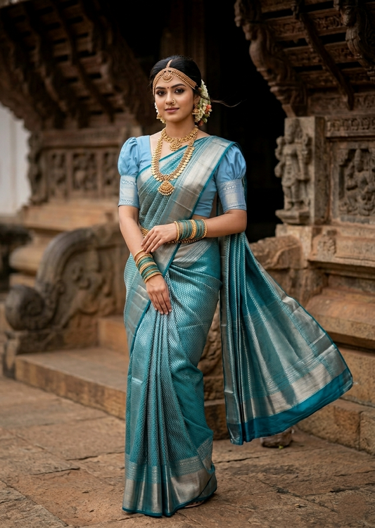 Southloom Premium Semi Silk Zari Work Bridal Brocade Saree in Blue with Matching Pallu