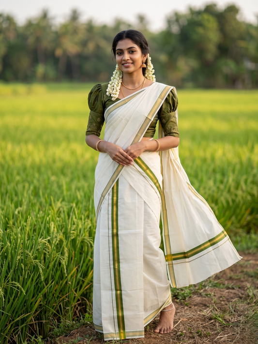 Southloom Kerala Cotton Single Set Mundu (Mundum Neriyathum) with Kasavu and Olive Green Border