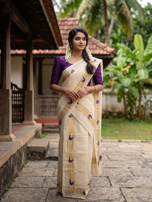 Southloom Kerala Tissue Kasavu Single Set Mundu (Mundum Neriyathum) Voilet and Green Embroidery Work