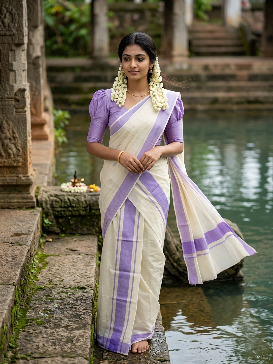 Southloom Pure Cotton Kerala Single Mulloth Set Mundu (Mundum Neriyathum) Lavender Border in 2.80 mtrs SL243