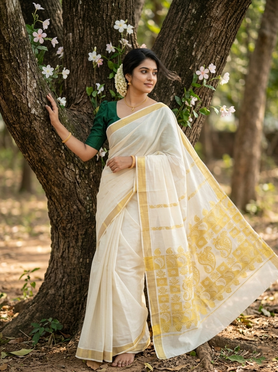 Southloom Kerala Cotton Heavy Paisley Woven Work Kasavu Saree