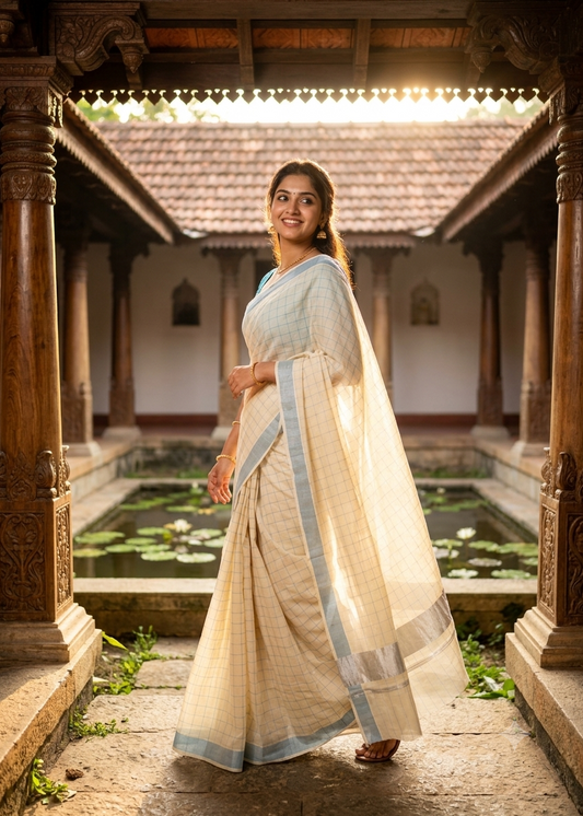 Southloom Kerala Cotton Saree With Check Designs On The Body And Silver Kasavu On Borders