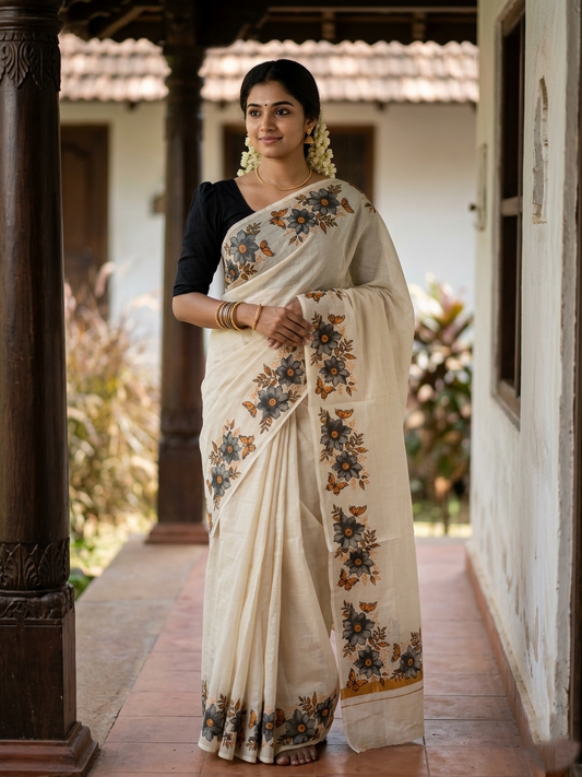 Kerala Tissue Saree with Grey Floral Block Prints On Border