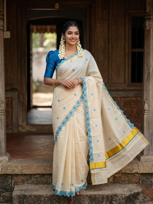 Southloom Kerala Tissue Kasavu Saree with Turquoise Floral Embroidery on Body and Border
