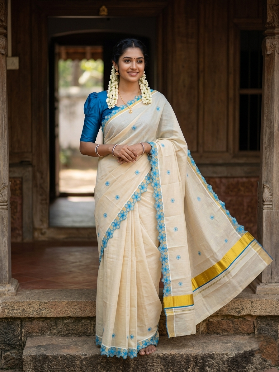 Southloom Kerala Tissue Kasavu Saree with Blue Floral Embroidery on Body and  Border