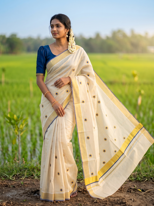 Kerala Tissue Kasavu Saree With Blue And Golden Polka Embroidery Works on Body