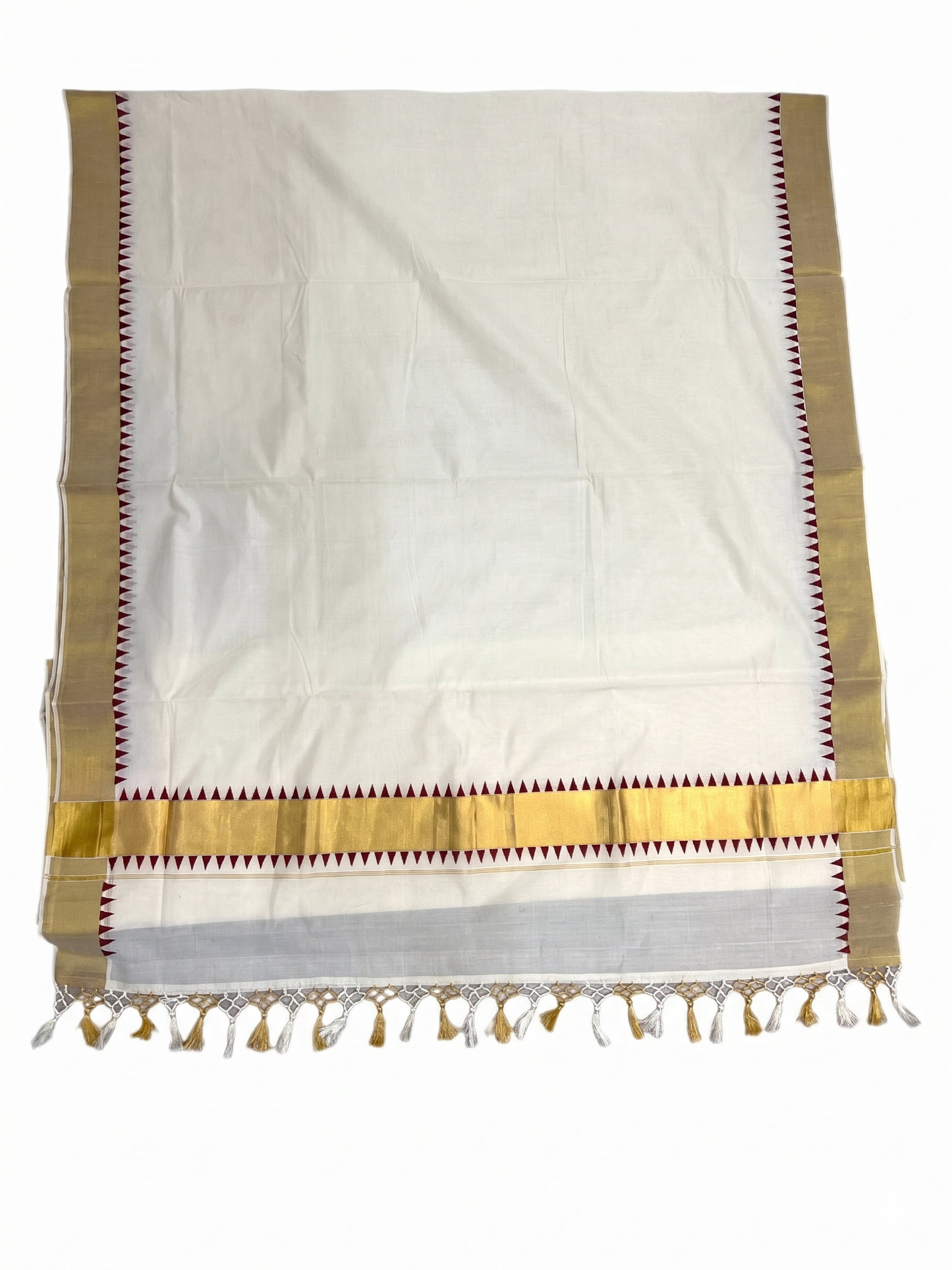 Southloom Kerala Cotton Kasavu Saree With Maroon Temple Border And Tassels