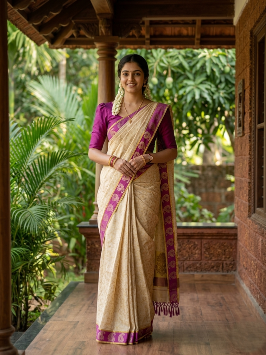 Southloom Kerala Tissue Kasavu Printed Saree with Magenta Floral Embroidery Works and Tassels