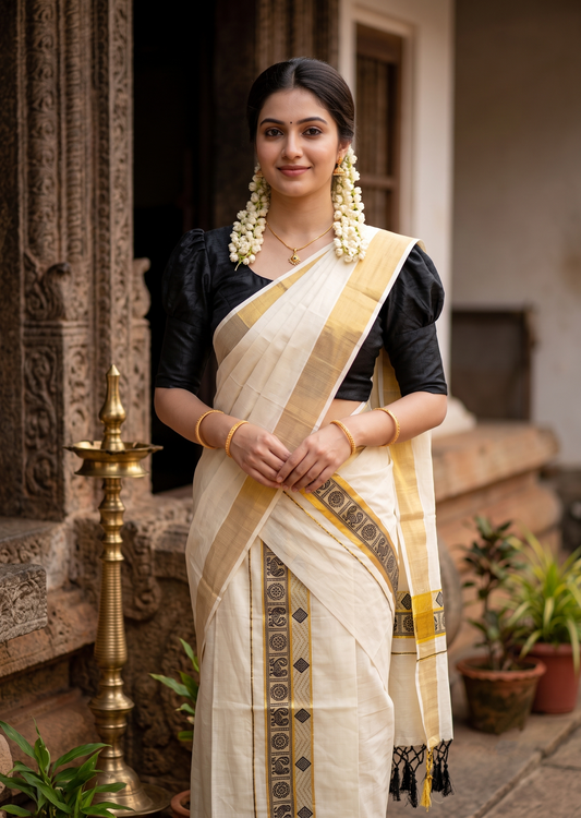 Southloom Kerala Cotton Kasavu Single Set Mundu (Mundum Neriyathum) with Peacock Design in Black SL527