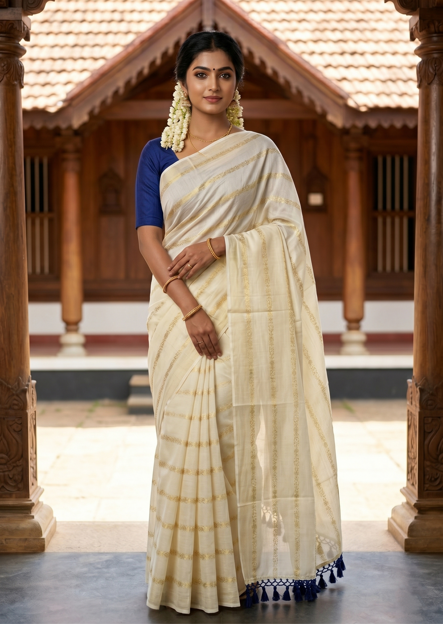 Southloom Kerala Cotton Kasavu Saree with Stripes on Body and Blue Tussels