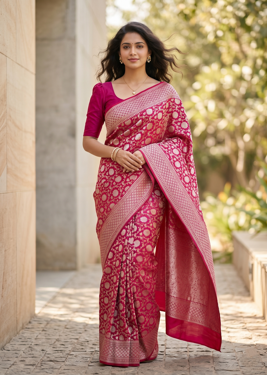 Southloom Pure Banarasi Silk Saree with Woven Work on Body and Borders (Magenta)