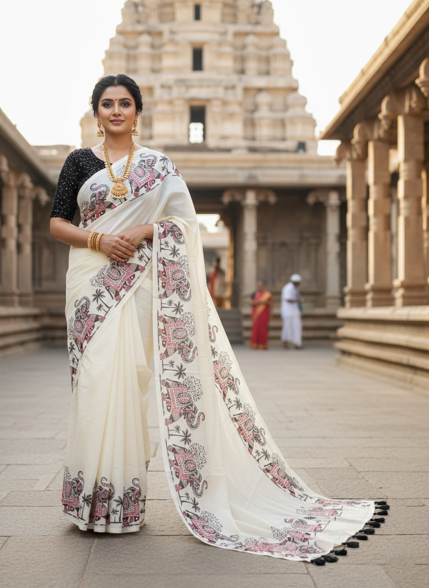 Southloom Kerala Cotton Saree with Elephant Design