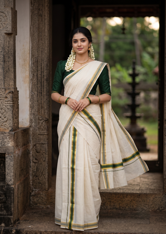 Southloom Pure Cotton Kerala Single Set Mundu (Mundum Neriyathum) with Dark Green Kasavu Border 2.80 Mtrs SLKK SL523