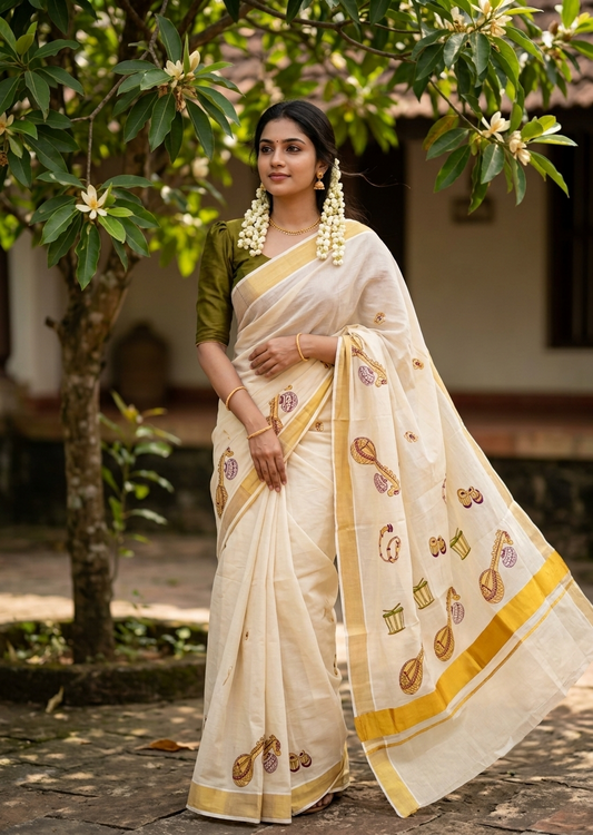 Southloom Kerala Tissue Purple&Olive Green Veena Embroidery Saree SL302