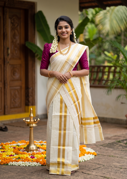 Southloom Pure Cotton Kerala Set Mundu with Kasavu Lines on Body (Handloom Quality Kasavu Used - 2.80 Mtrs)