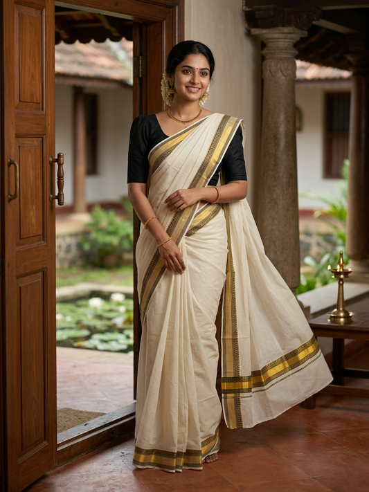 Pure Cotton Kerala Saree with Black and Kasavu Lines Border and Pallu