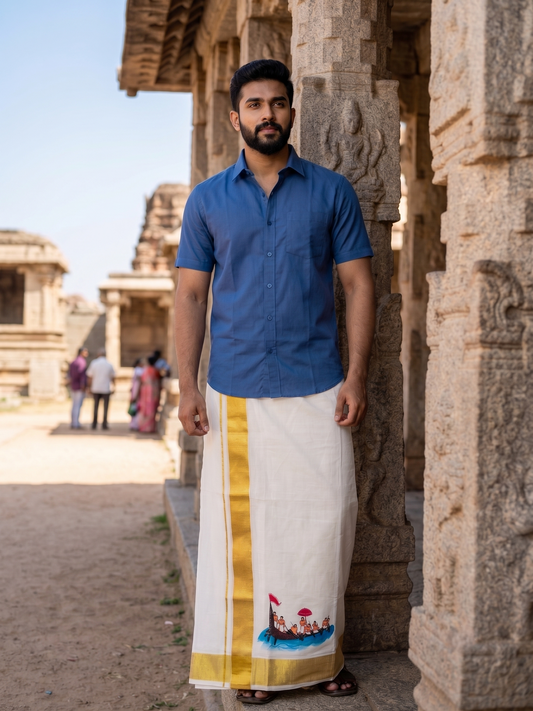 Southloom Kerala Cotton Vallamkali Digital Printed Double Mundu (South Indian Kerala Dhoti) SL567