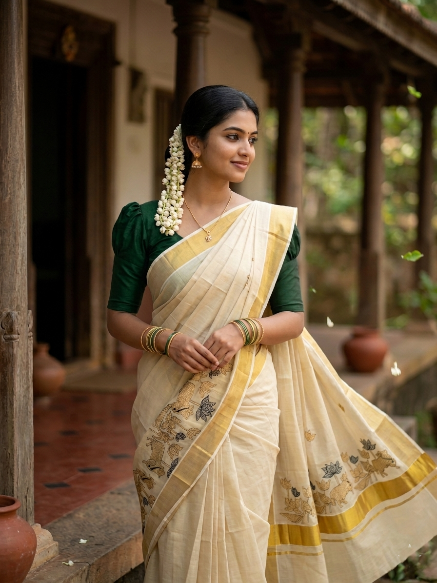 Southloom Tissue Kerala Kasavu Saree with Green & Golden Embroidery Works