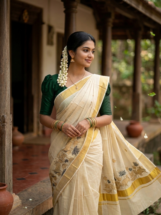 Southloom Tissue Kerala Kasavu Saree with Green & Golden Embroidery Works