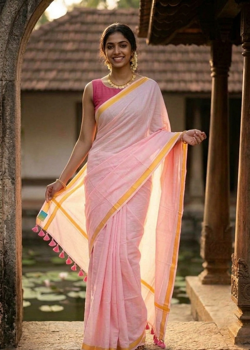 Kerala Mul Cotton Soft Fabric Saree SL215 with Pink Tassels