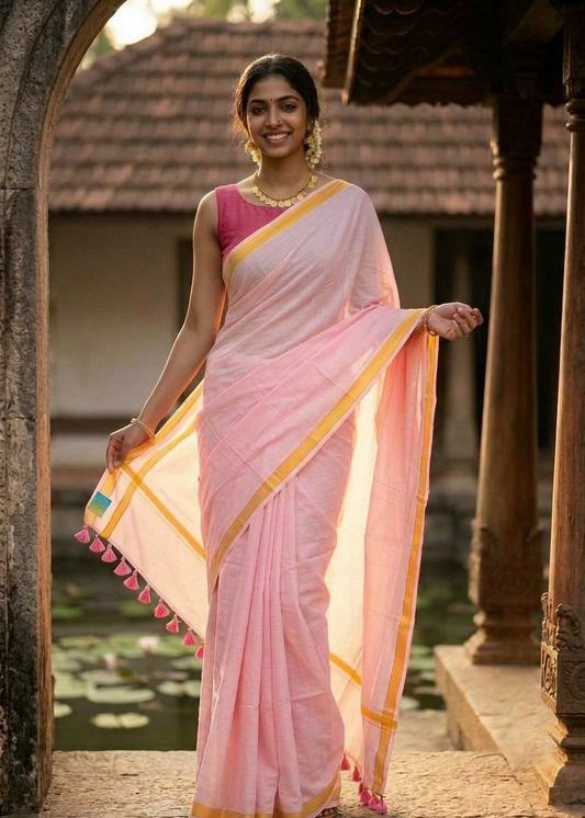 Kerala Mul Cotton Soft Fabric Saree SL215 with Pink Tassels