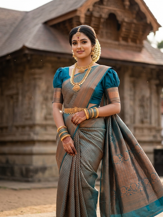 Southloom Premium Semi Silk Zari Work Brocade Saree in Bridal Blue with Matching Pallu