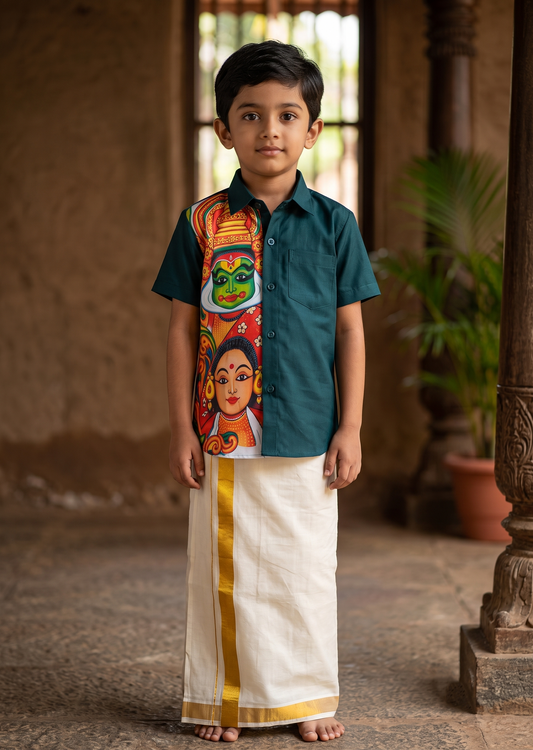 Southloom Cotton Digital Printed Kids's Combo (Shirt + Velcro Mundu) SLKCOMBO