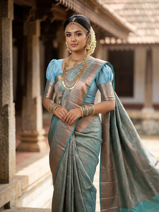 Southloom Pure Handloom Bridal Kanchipuram Silk Saree with Korvai Work