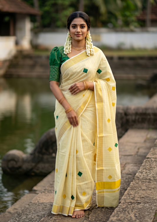 Southloom Kerala Tissue Kasavu Striped Saree with Diagonal Woven Designs in Green and Gold Body Work