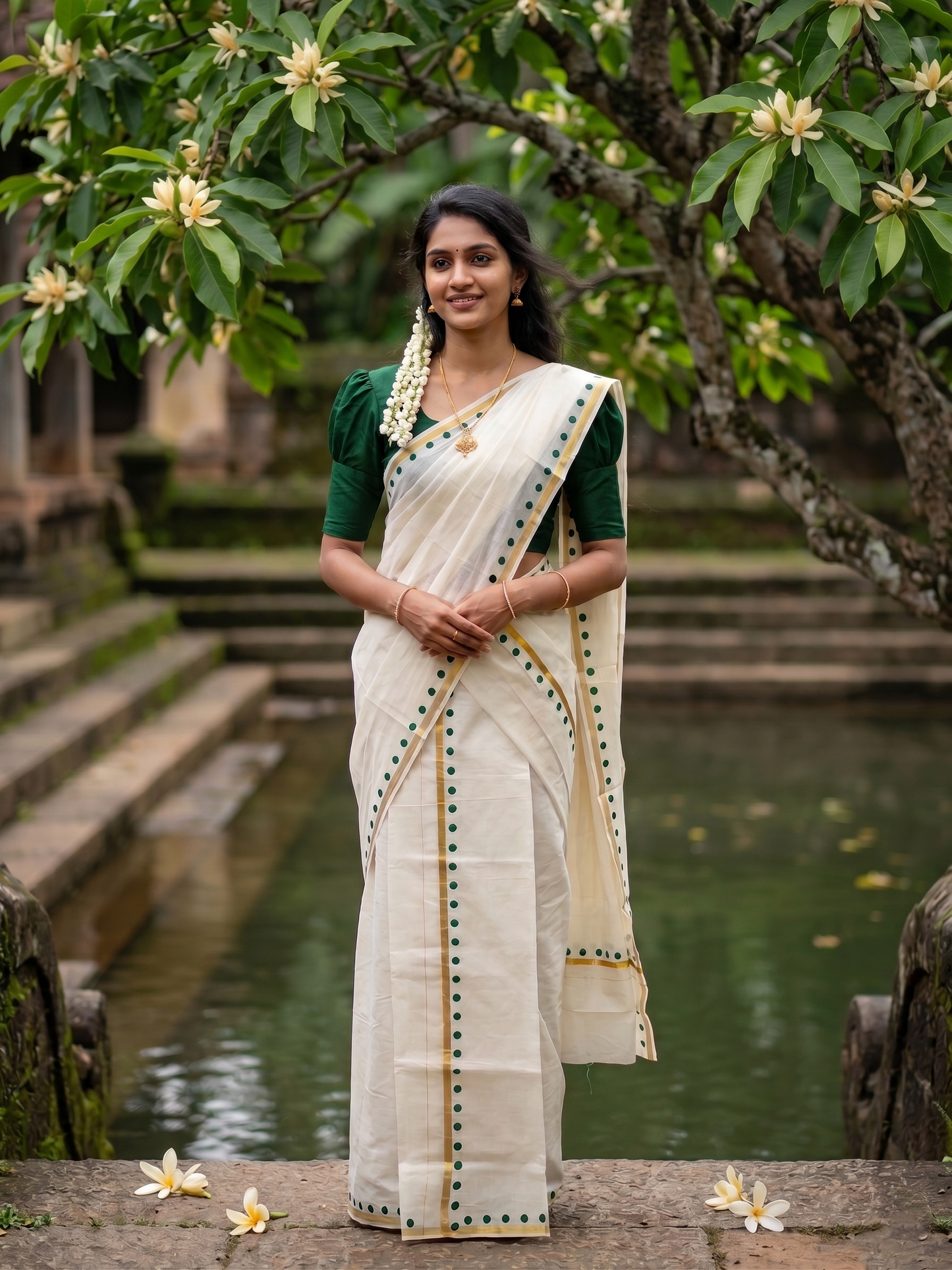 Southloom Pure Cotton Kerala Single Set Mundu (Mundum Neriyathum) with Polka Dots in Green 2.80 Mtrs