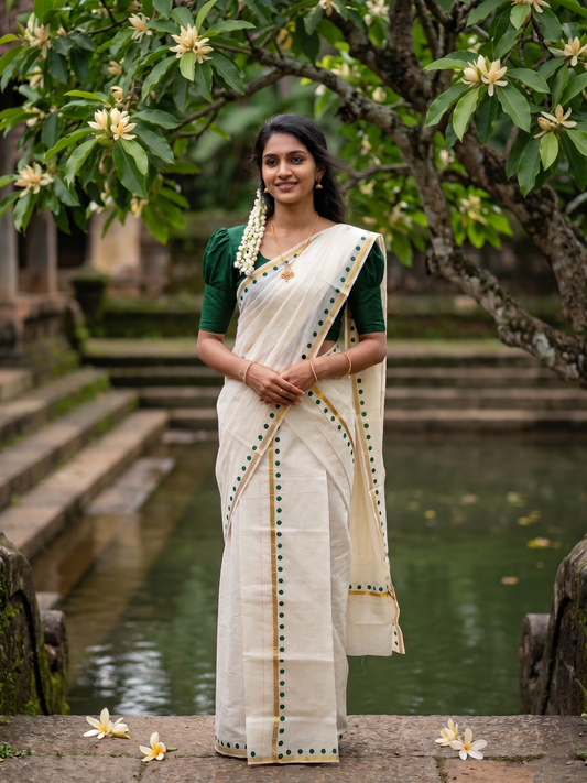 Southloom Pure Cotton Kerala Single Set Mundu (Mundum Neriyathum) with Polka Dots in Green 2.80 Mtrs