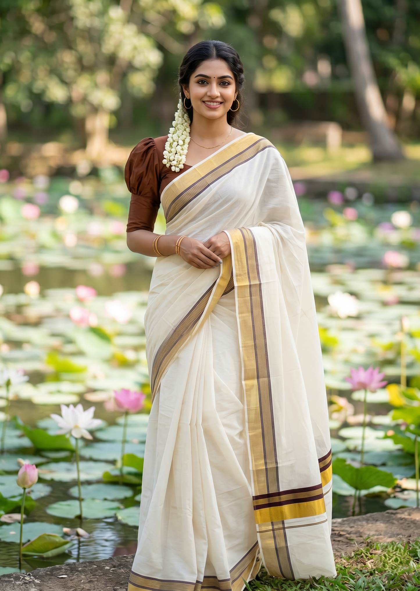 Southloom Kerala Pure Cotton Saree with Kasavu and Brown Border