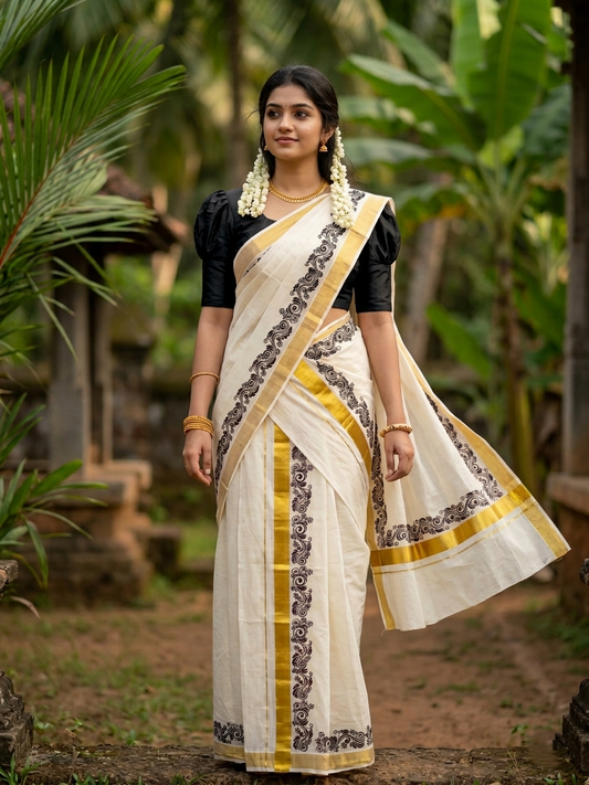 Southloom Pure Cotton Kerala Single Floral Print Set Mundu (Mundum Neriyathum) Black Border in 2.80 mtrs SL245