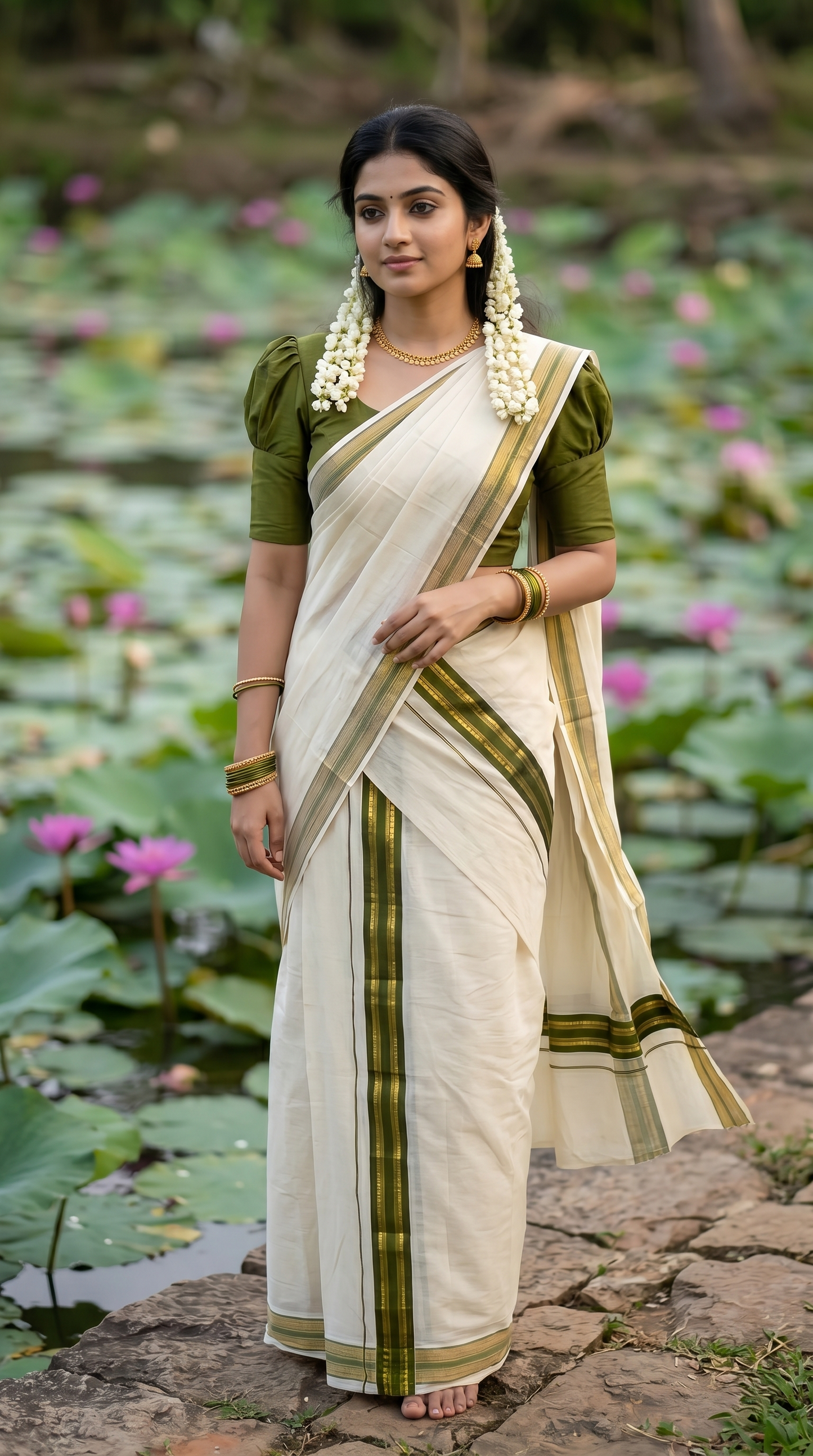 Southloom Kerala Cotton Single Set Mundu (Mundum Neriyathum) with Kasavu and  Olive Green Border in 2.80 Mtrs SLKK SL470