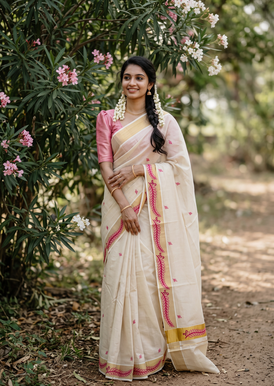 Southloom Tissue Kerala Kasavu Saree with Floral Embroidery Design On Border