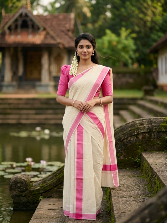 Southloom Pure Cotton Kerala Single Mulloth Set Mundu (Mundum Neriyathum) Pink Border in 2.80 mtrs SL270