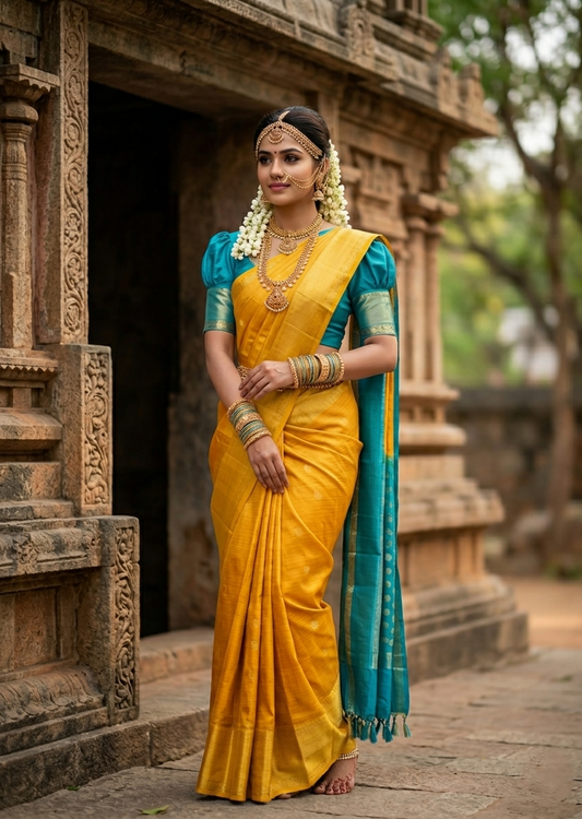 Southloom Pure Handloom Bridal Kanchipuram Silk Saree with Korvai Work (Yellow & Blue)