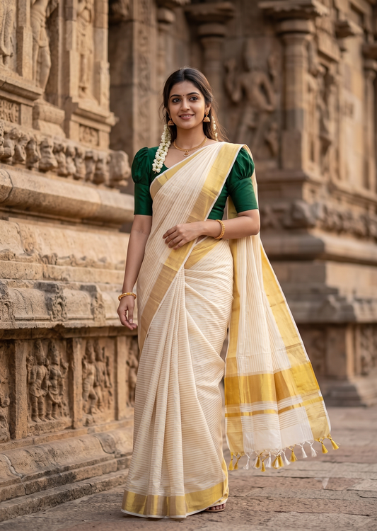 Southloom Super Premium Balaramapuram Handloom Cotton Saree with Stripes Design And Gold Kasavu on Border