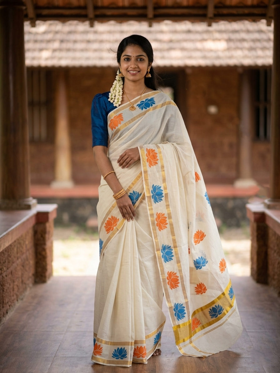 Southloom Cotton Kerala Kasavu Saree with Lotus Block Prints on Body and Border in Blue and Orange