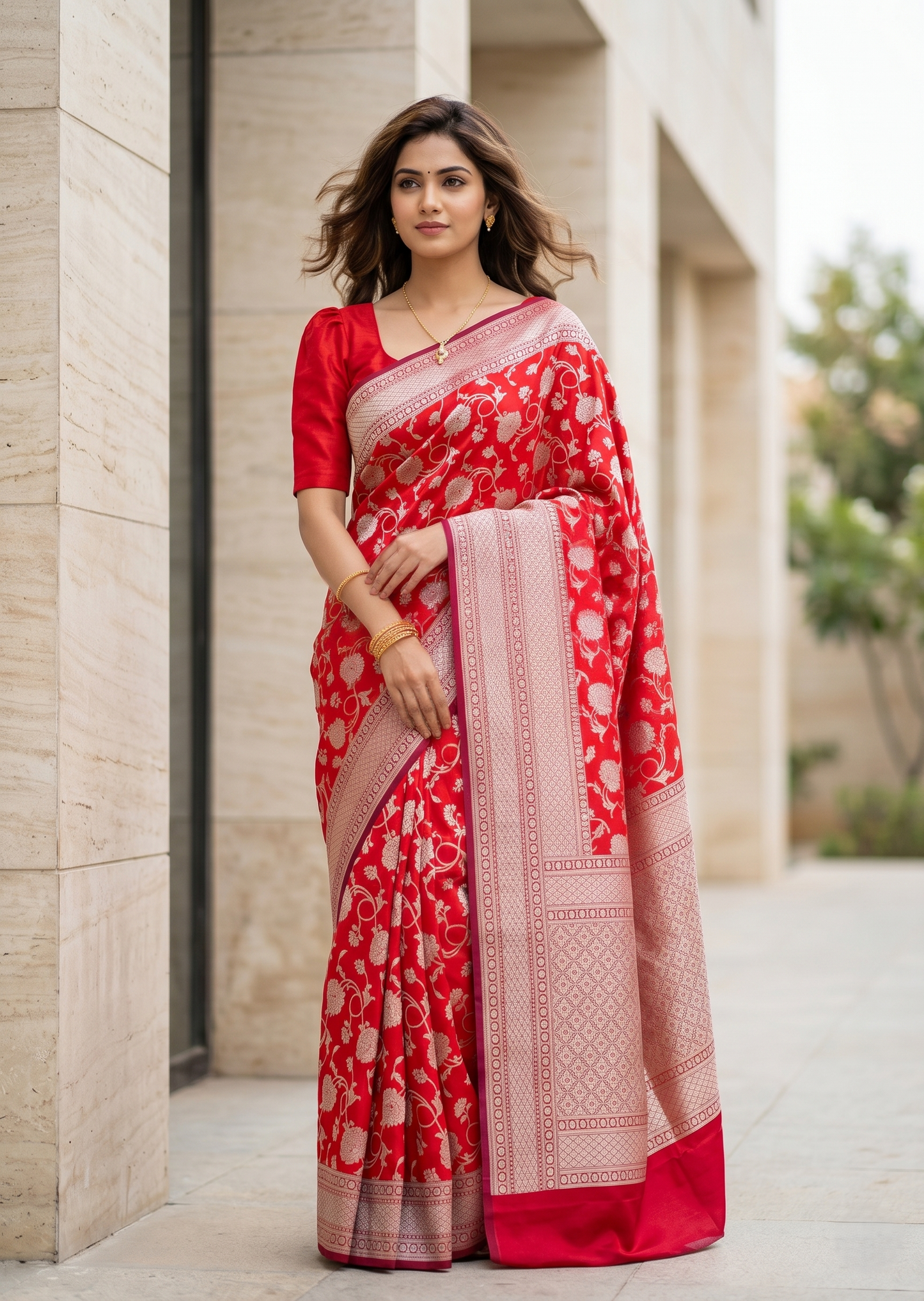 Southloom Pure Banarasi Silk Saree with Woven Work on Body and Borders (Red)